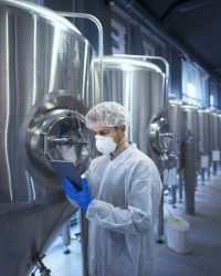 Factory worker technologist in protective uniform with hairnet and mask controlling food production on tablet computer.
